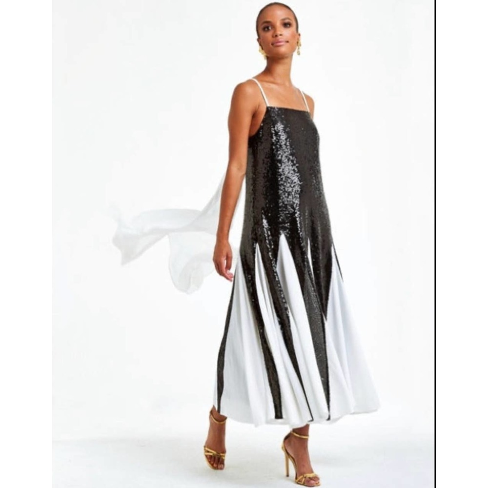 Mestiza Diana Sequin Chiffon Asymmetrical Godet Dress Size XS Black White